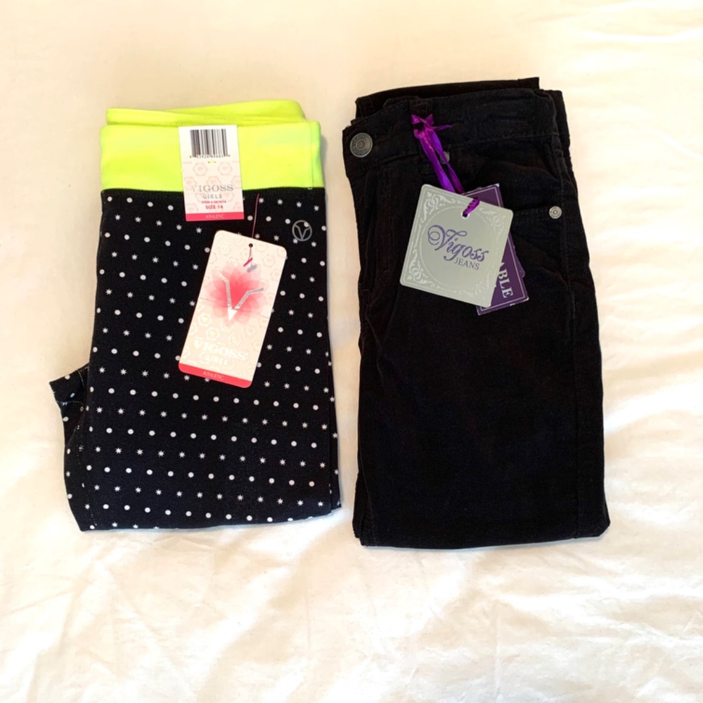 Vigoss Girls Black Stretch Corduroy Jeans & Star/ Dot Leggings Size 14